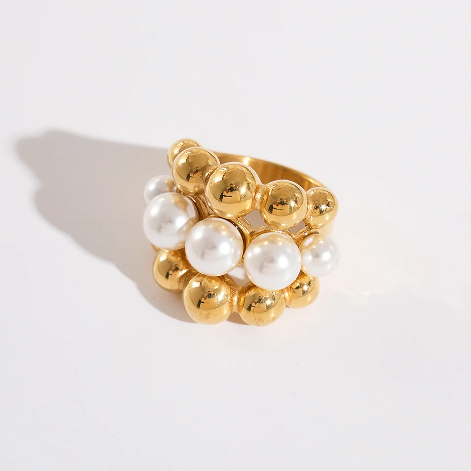 May@RZ Large Gold Plated Spherical Imitation Pearl Ring Stainless Steel Women\'s Personality Ring Exaggerated Jewelry Waterproof