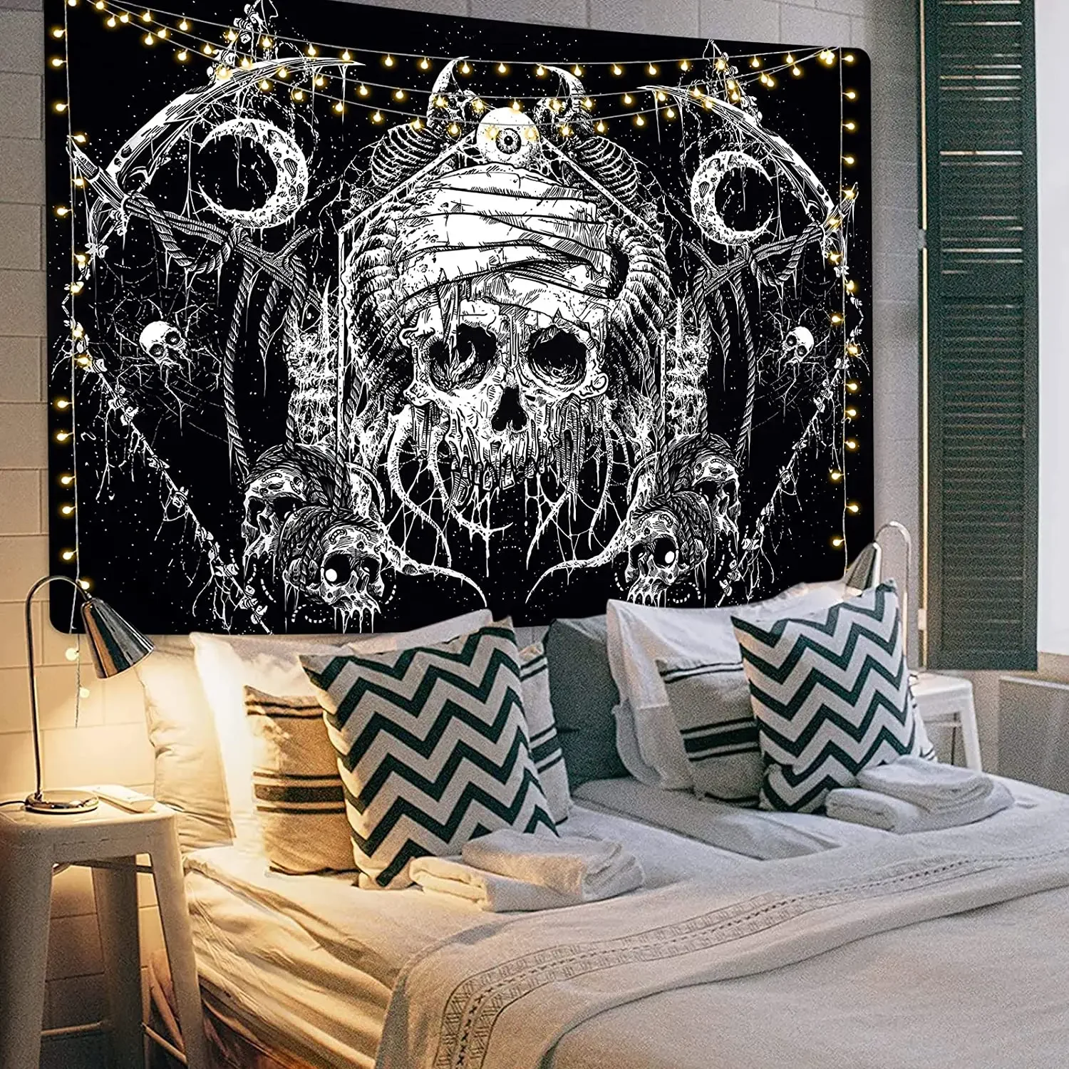 Gothic Skull Tapestry Black and White Skeleton Tapestry Wall Hanging for Bedroom Hippie Eyes Boho Home Decor Trippy Moon Cloth