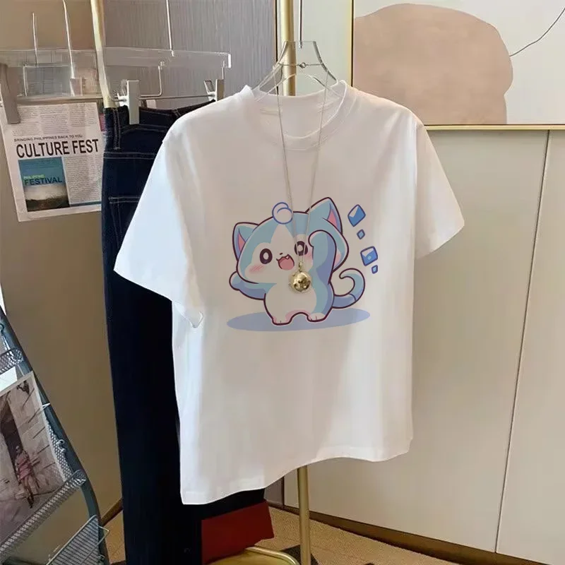 

Snow Girl Series Original cartoon confident snow spirit printed pure cotton T-shirt for women summer loose casual round neck top