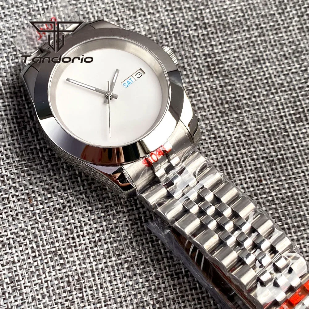 Imagem -05 - Relógio Automático de Masculino Tandorio Moldura Polida Mostrador Branco Estéril Vidro de Safira Data de Semana Nh36 36 mm 39 mm Aço Inoxidável