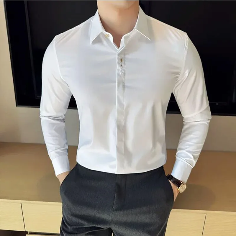 

Fashion Metal Decorative Embellishment Shirts 2024 New Bamboo Fiber Fabric Embroidery Slim Fit Shirt Men Business Social Dress