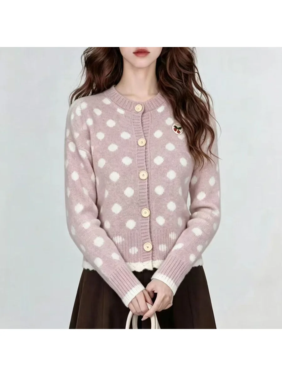 2026 Autumn Winter Women's Green Polka Dot Knitted Open Cardigan Waist Cinched Button Short Sweater Coat Korean Style Polyest...
