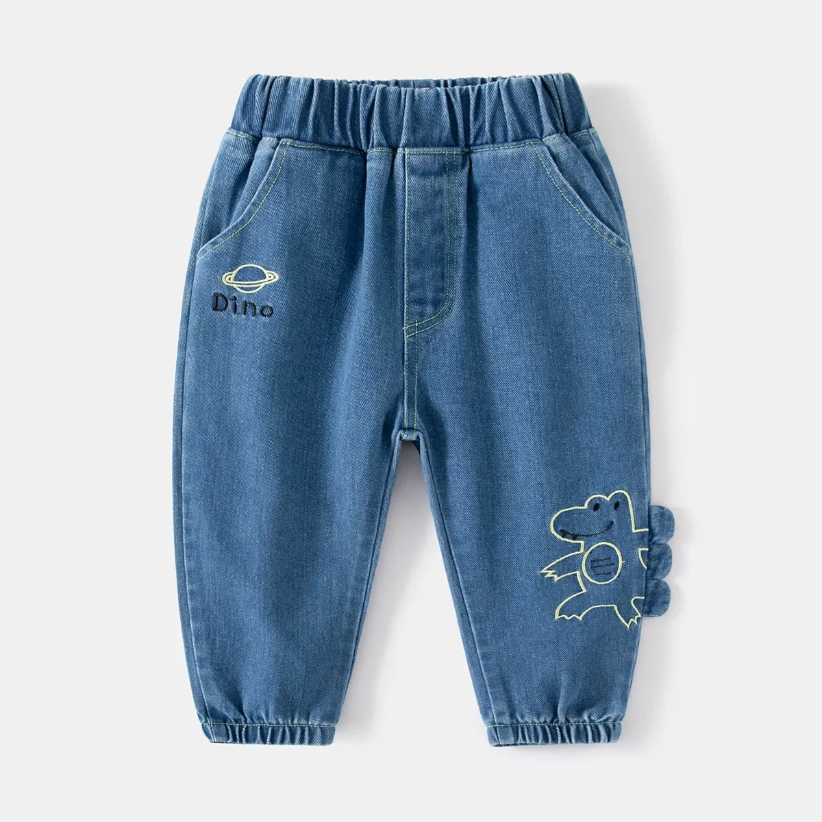 

Новинка 2024 года, весенне-осенние модные джинсы с изображением динозавра для мальчиков, длинные брюки, детские классические джинсовые брюки, повседневная одежда для детей 2-6 лет
