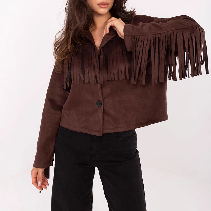 

Casual Long Sleeve Solid Outercoat Elegant Fringed Splicing Autumn Winter Coats Women's Fashion Lapel Button Suede Short Jackets
