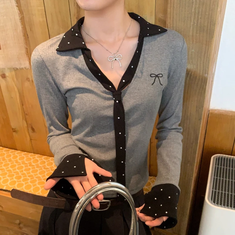 

Повседневная футболка с длинными рукавами и воротником-поло на шнуровке в горошек, женская осень 2022, новые уличные повседневные топы контрастного цвета в стиле пэчворк