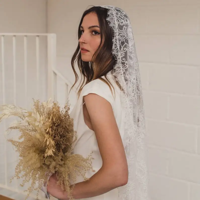

Wedding Accessories Chantilly Lace Mantilla Wedding Veil Eyelash Edge Bohemian Bridal Veil Handmade Customization Length