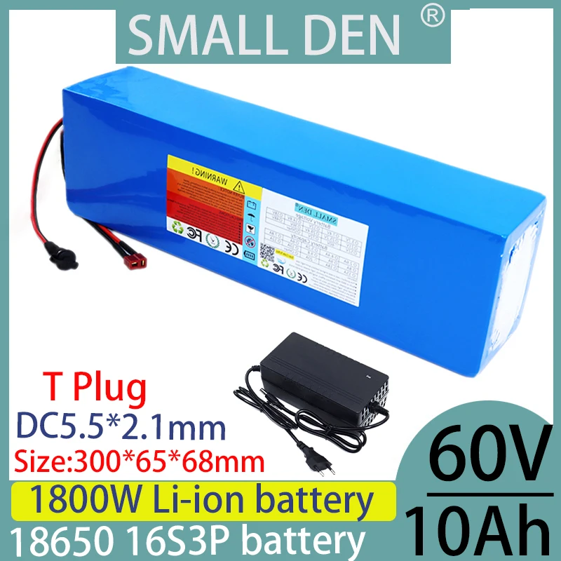 60V 10Ah 18650 16S3P lithium-ion battery pack 1800W electric tool battery outdoor backup battery with 30A BMS+67.2V2A 3A charger