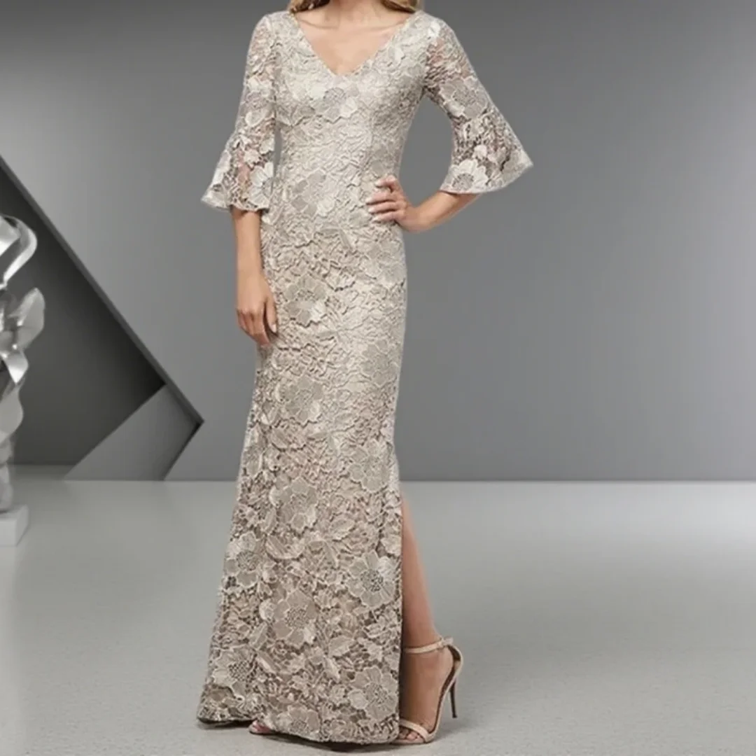 

Champagne Mermaid Lace Mother Of The Bride Dresses Length Side Split Wedding Guest Dress V Neck Long Sleeves Evening Gowns