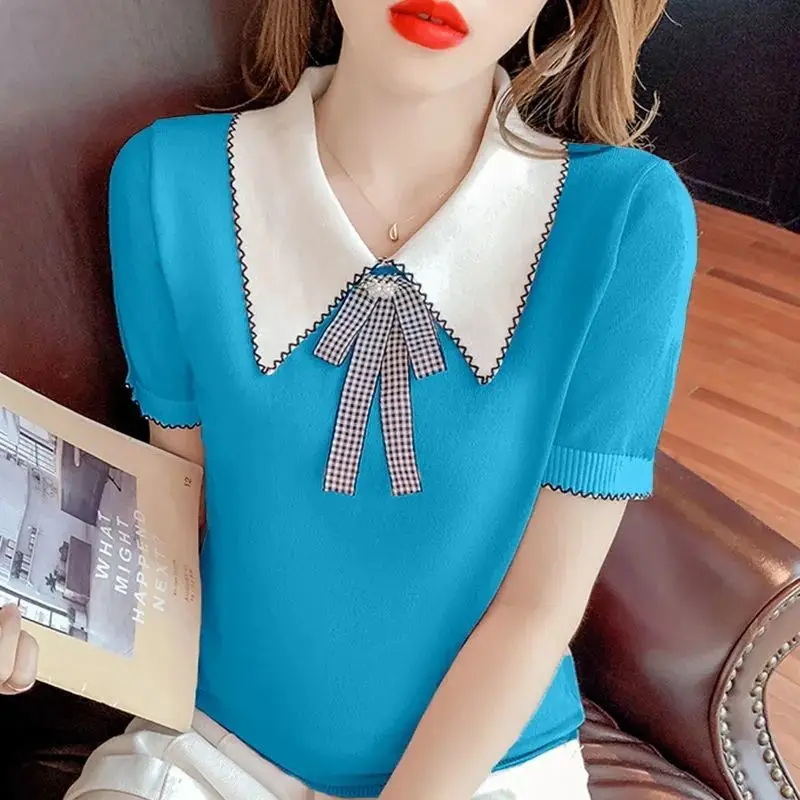 Summer Casual Fashion Polo-neck Patchwork Chic Bow Tee Female Short Sleeve Loose Knitting Top Ladies Pullover  Women\'s Clothing