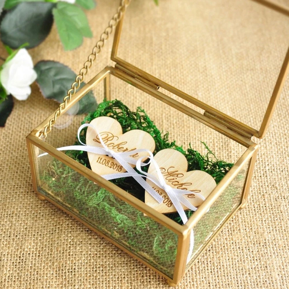 Custom Rectangle Glass Wedding Ring Box Wood Heart Tag Engagement Proposal Gifts Personalized Ring Holder Wedding Ceremony Decor