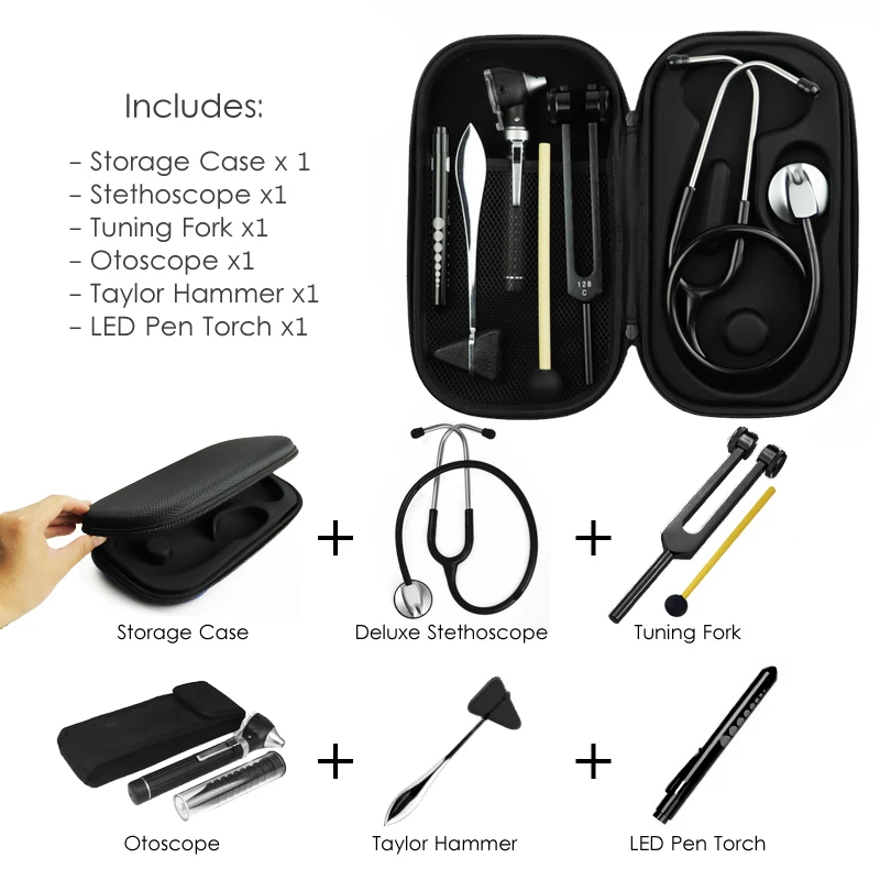 Black Health Monitor Storage Pouch Accessory Package with Medical Doctor Stethoscope Tuning Fork Reflex Hammer LED Penlight Tool