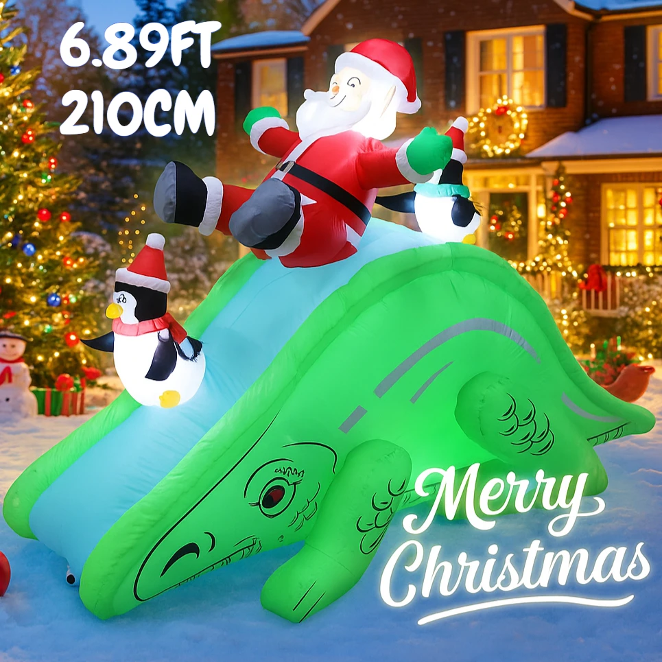 6.89FT Inflatable Santa Claus Penguins Dinosaur Slide Toy LED Lit Xmas Yard Decor Supplies Christmas Home Ornament Festive Gift