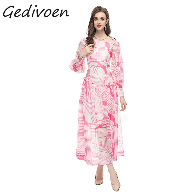 

Gedivoen Summer Fashion Designer Striped Print Long Dress Women's Square Collar Ruffles Splicing High Waist Elegant Pink Dress