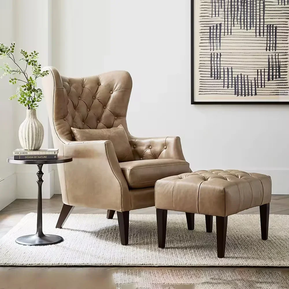 Comfortable Classic Roll Arm Wingback Tufted Faux Leather Armchair Ottoman Luxury Living Room Chairs Set