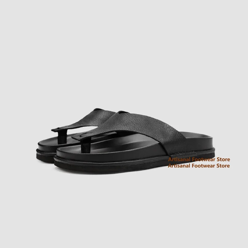 Black Leather Flip Flop Slide Sandals Men Thick Sole Open Toe Slip On Summer Flip Flops Trendy Luxury Handmade Men's Sandals