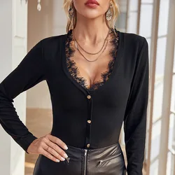 2024 Summer Spring Women's Clothing Solid Color New Lace Stitching U-Neck Button Tight Top Blouse