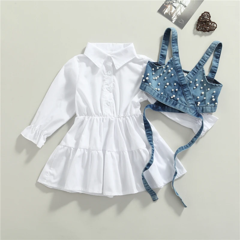 Moda crianças roupas da menina do bebê cor sólida manga longa camisa vestido denim miçangas colete 2 pçs roupas