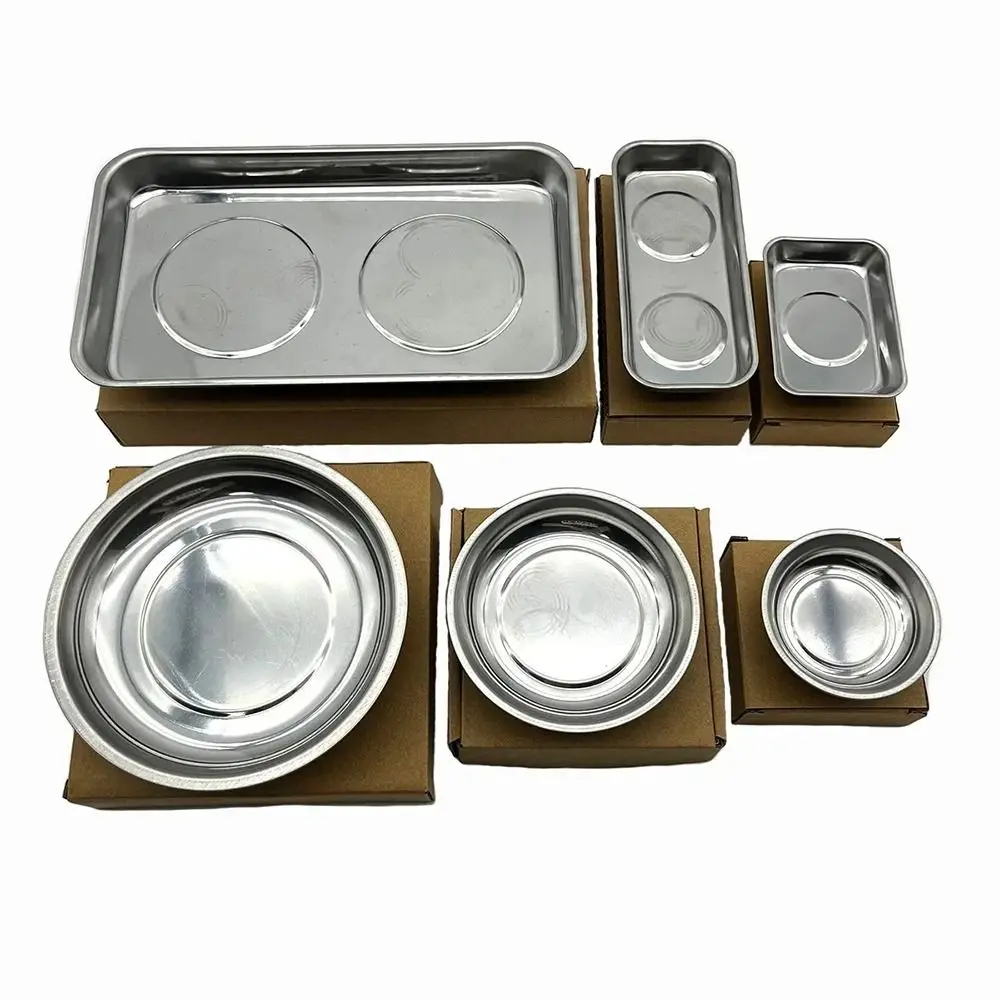 1Pcs Round Square Magnetic Parts Tray Silver Magnet Tool Organizer Multifunctional Stainless Steel Parts Bowl