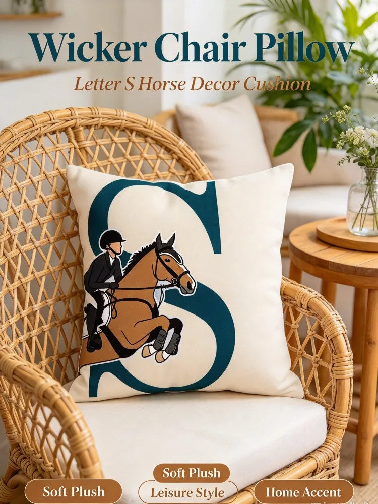 **Equestrian Letter S Throw Pillow Cover, Horse Jump Decorative Cushion Case, Soft Square Pillow Cover for Sofa Bed Window Seat