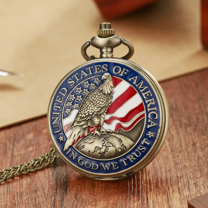 

IN GOD WE TRUST American Eagle Quartz Pocket Watch Vintage Bronze United States of America Necklace Pendant Best Collectibles