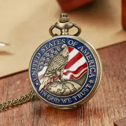 IN GOD WE TRUST American Eagle Quartz Pocket Watch Vintage Bronze United States of America Necklace Pendant Best Collectibles