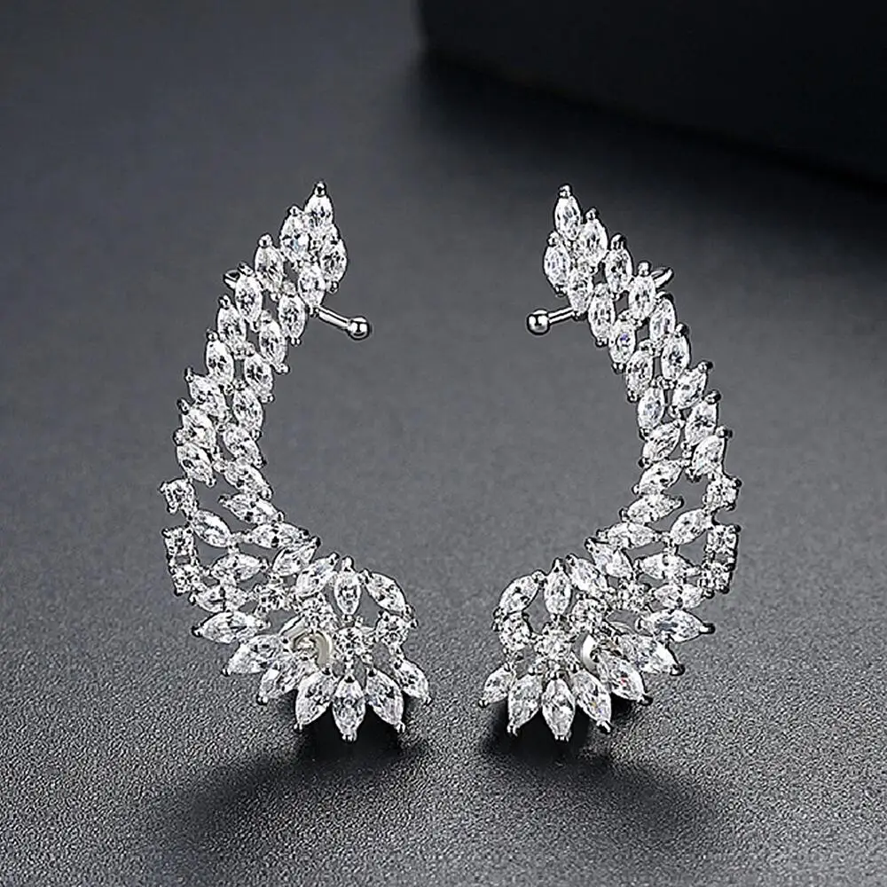 SENYU Fashion Bridal Jewelry Luxury Lady\'s CZ Crystal Angel Wing Ear Sweep Wrap Cuff Earrings Rhodium Plating Climber Earrings