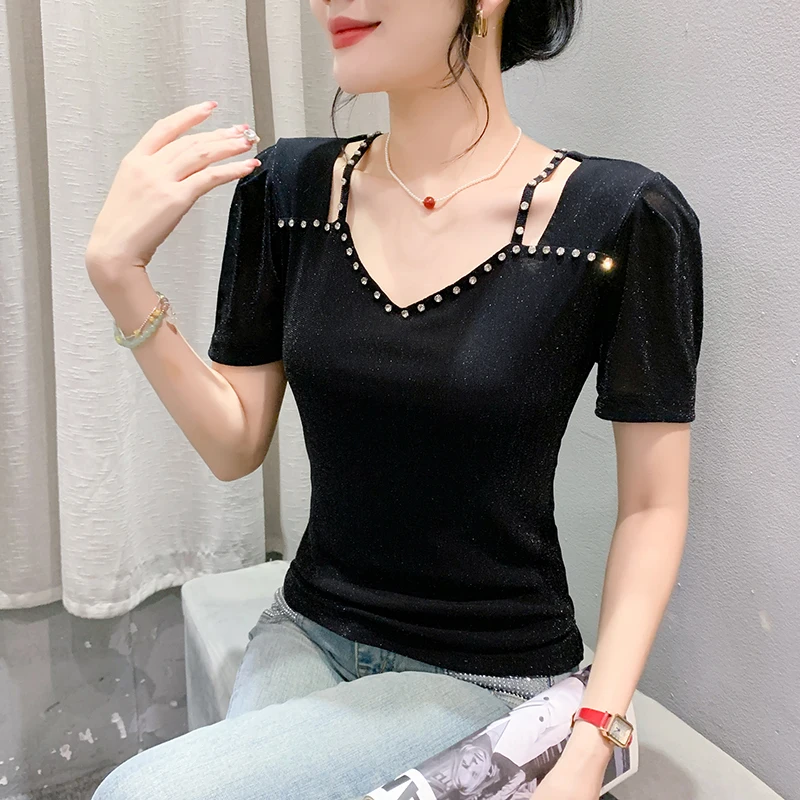 

Black Summer Korean Style T-Shirt Chic Sexy V-Neck Hollow Out Shiny Diamonds Women Tops Short Sleeve Hand Made Tees 2024 New 460