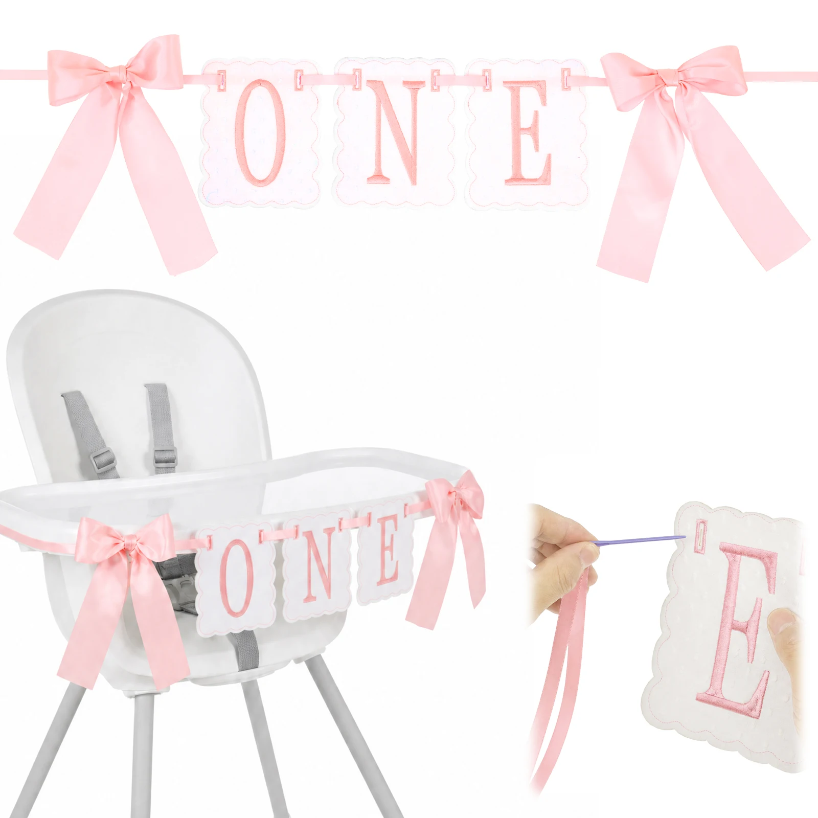 Embroidered 'ONE' Letters High Chair Banner Sweet Bow Themed 1st Birthday Party Banner Decor Scalloped High Chair Hanging Banner