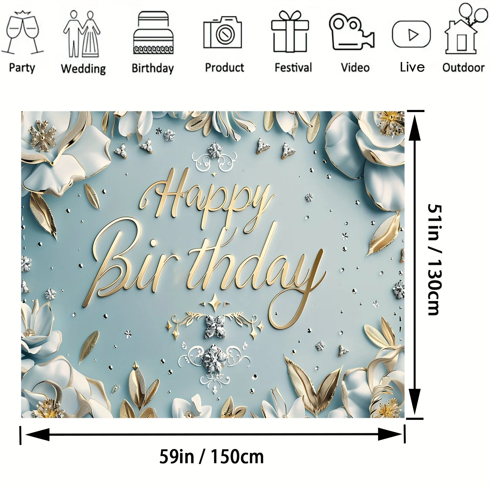 Blue Happy Birthday Background Gold Diamond Shining Bok Photography Background Sweet Party Photo Decoration Banner