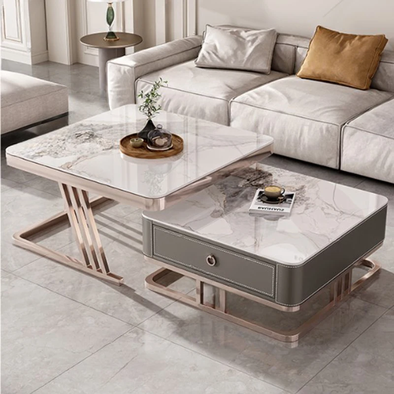 Square Glass Coffee Tables Storage Design Metal Floor White Luxury Side Table Modern Italian Mesa Centro Salon Nordic Furniture