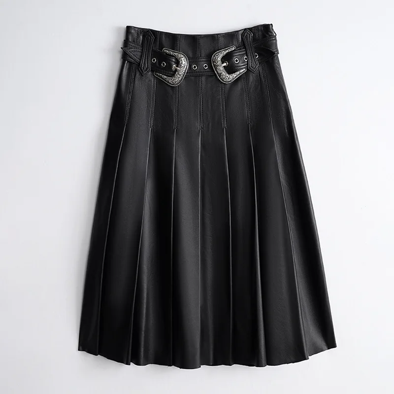 Women's Real Leather Skirt, High Waisted, Sheep Leather, Vintage, Metal Buckle, Belt, Pleated, A-line Skirt, Autumn and Winter