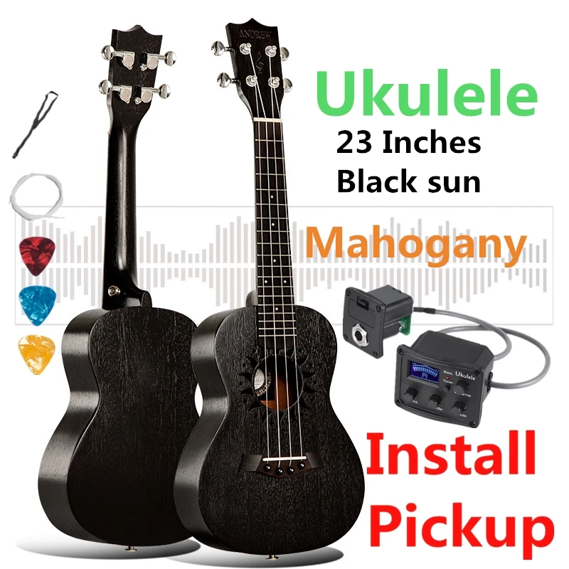 

Ukulele 23 Inches Mahogany Mini Electric Acoustic Guitar 4 Strings Ukelele Guitarra Install Pickup Black sun retro-style