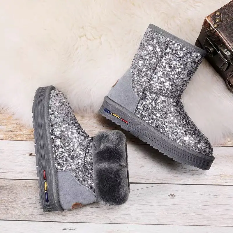 Winter New Women\'s Fashion Sequin Thick Sole Increase Anti slip Snow Boots with Thickened Fleece Warm Shoes