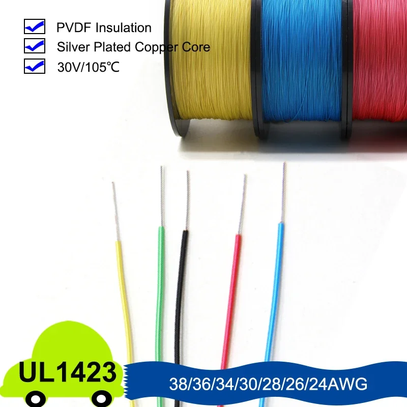 10/50/100M UL1423 PTFE Micro Fine Wire Single Core Silver Plated Copper 38/36/34/30/28/26/24AWG PVDF Insulated Electronic Cable