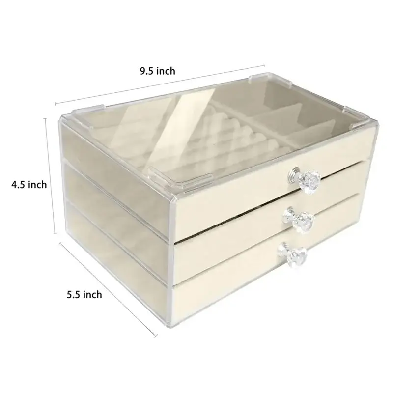 DT19 Clear Jewelry Organizer with 3 Drawers Stackable Display Storage Box for Earrings Necklace Bracelet Pink Polystyrene