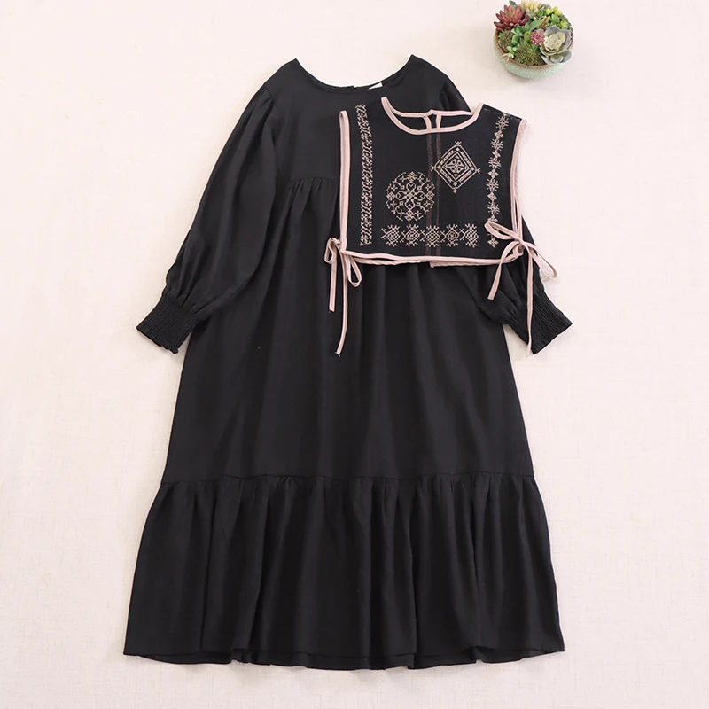 Spring New Japanese Sweet Mori Girl Embroidery Vest Dress Two Peices Set Women O-Neck Long Sleeve Casual Loose Long Dresses