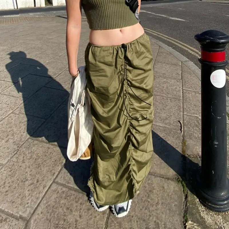 Pleated Skirt Women's Cargo Pants Harajuku Slit Y2K Low Waist Maxi Skirt Girls Streetwear Ankle-Length Fairycore Grunge Outfit