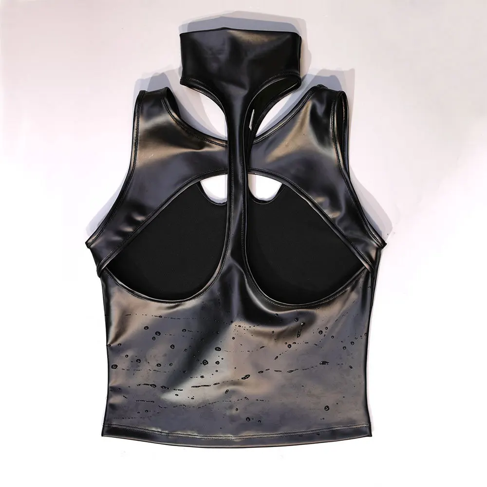 Sexy Latex PU Faux Leder Aushöhlen T-shirt Öl Glänzende Engen Tops Bandage Offene Büste Elasitc Erotische Trikot Punk Dance tragen