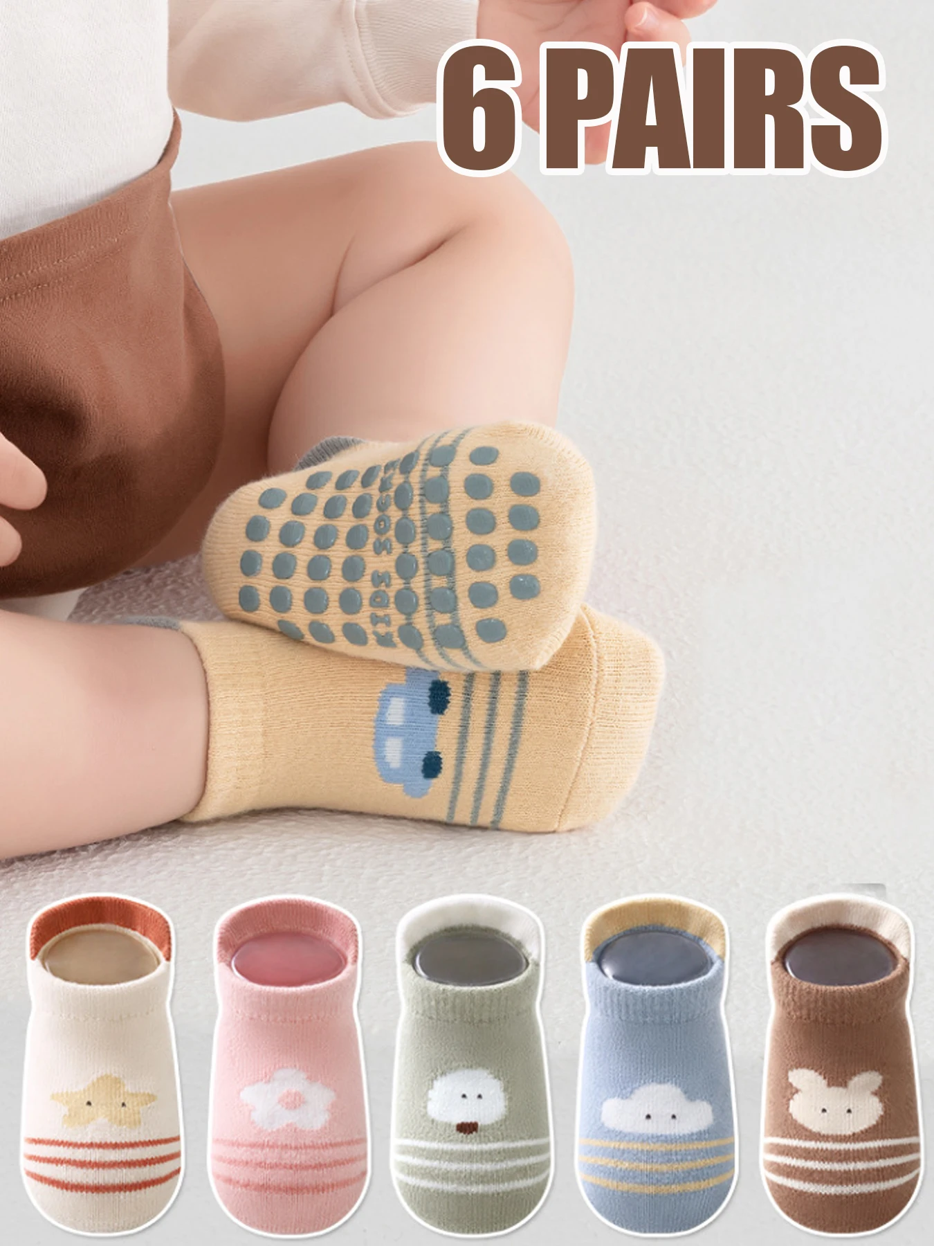 6 pairs of boys and girls' anti slip socks with cute cartoon animal patterns, comfortable and breathable baby floor socks