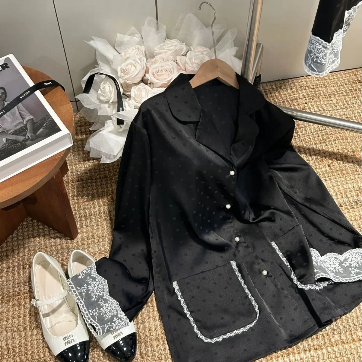 

Женская роскошная одежда для сна, осенне-весенняя верхняя одежда с кружевной отделкой, брюки из 2 предметов, черный атласный пижамный комплект, одежда для дома, домашняя одежда из ледяного шелка