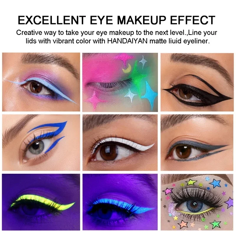 HANDAIYAN Color delineador de ojos pluma fácil de colorear secado rápido a todo Color líquido mate neón luz Uv delineador de ojos moldeado suave sin manchas