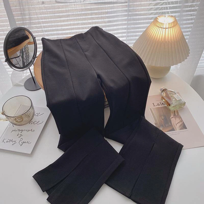 Flare Pants Women Front Split High Waisted Ladies Trousers 2022 Spring Autumn Fashion Black Suit Trousers Side Zipper