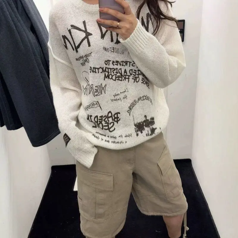 Korean Streetwear Brand Matin Kim Knitwear New Celebrity Style MK Letter Graffiti Sheer Sweater Autumn Winter