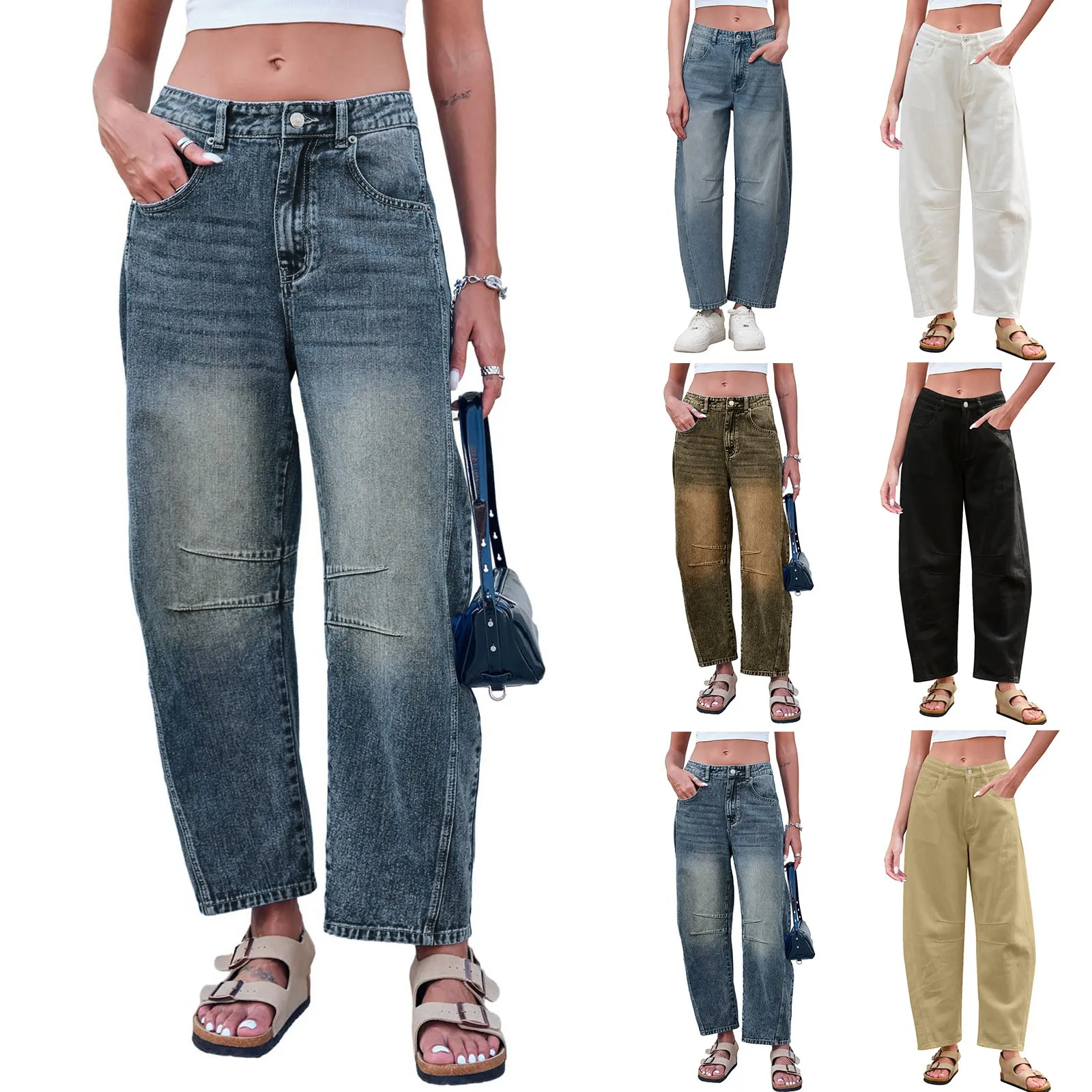 

Mid Rise Barrel Jeans For Women Wide Leg Mid Waist Cropped Denim Pants Baggy Boyfriend Japanese Style Trousers 2000s Clothes