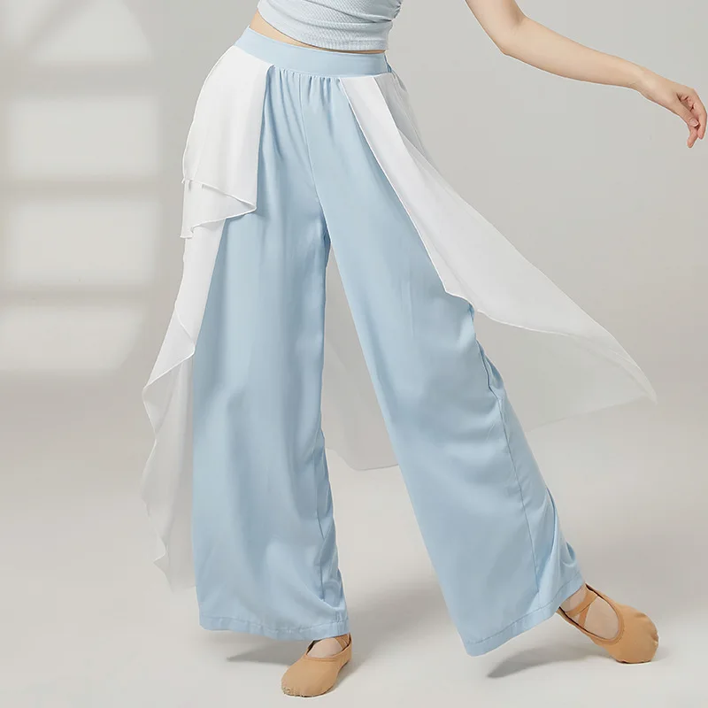 

Новые брюки для современного танца, женские двухслойные широкие брюки соответствующего цвета, драпировка в виде грибка, элегантный тренировочный костюм для китайского классического танца