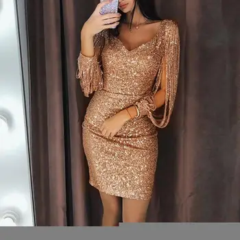 Image Women Mini Dress Glitter V Neck Hollow Out Tassel Long Sleeve Bodycon Gown Sexy Hip High Waist Dress Women Elegant Party dress