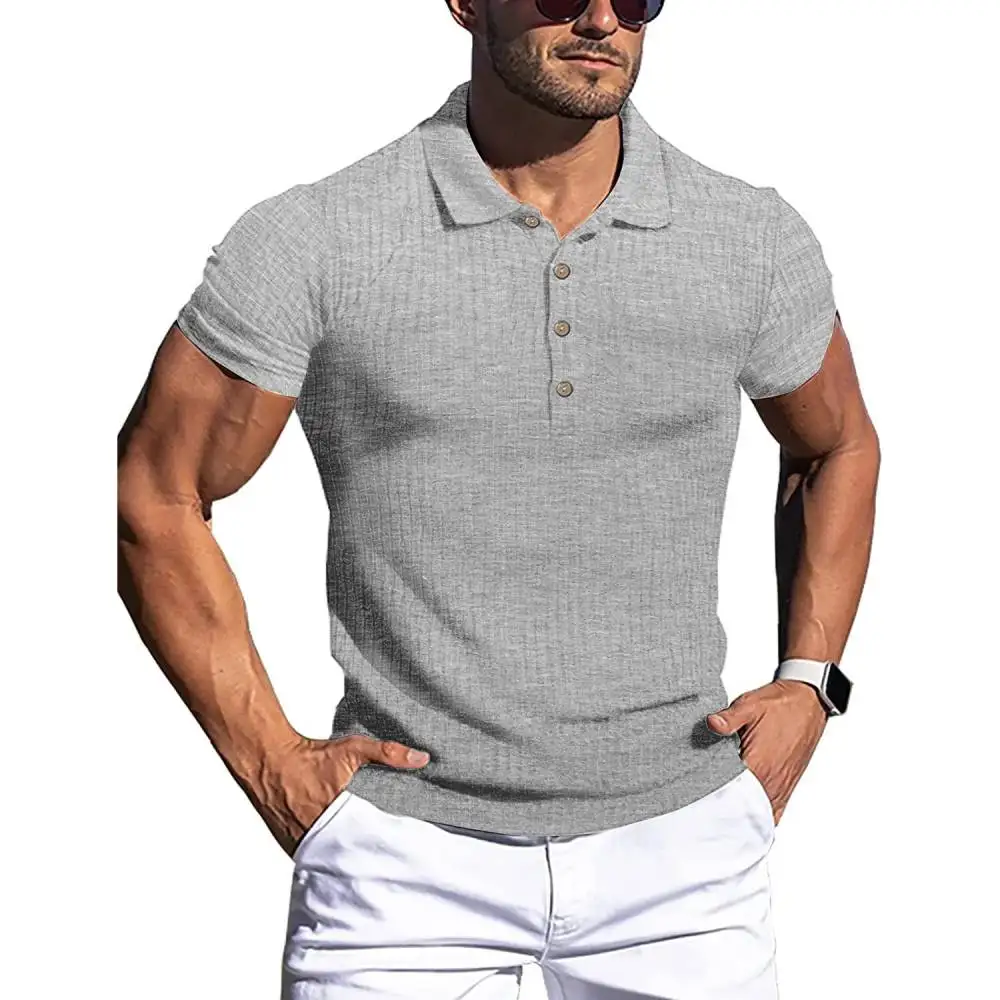 High Stretch Ice Silk Knit Stripe POLO Shirts Mens Slim Short-Sleeve Tops Tee Tshirt Lapel Neck Undershirt