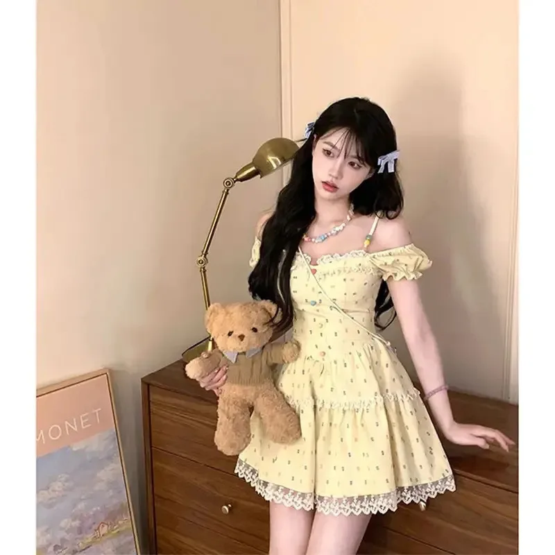 

French Vintage Yellow Mini Dress Women Elegant Ruffles Lace Patchwork Kawaii Dresses Japanese Retro Casual Sweet Vestidos Y2k