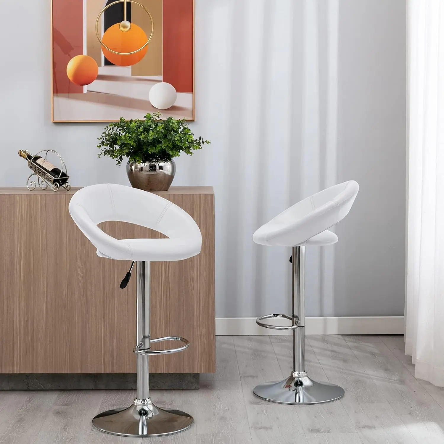 Vogue Furniture Direct Adjustable Bar Stools, Modern Cute PU Leather Swivel Barstools with Hollow Back, Airlift Counter Height