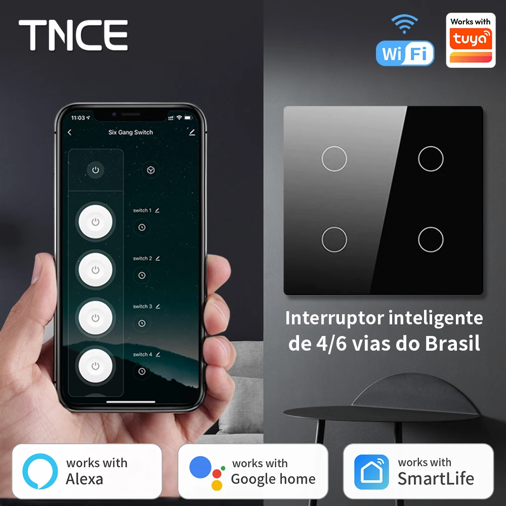 

TNCE Brazil Standard Tuya WiFi Smart Switch 4x4 Touch-Sensor 4 Gang Light Switch APP Control work with Alexa,Google Home